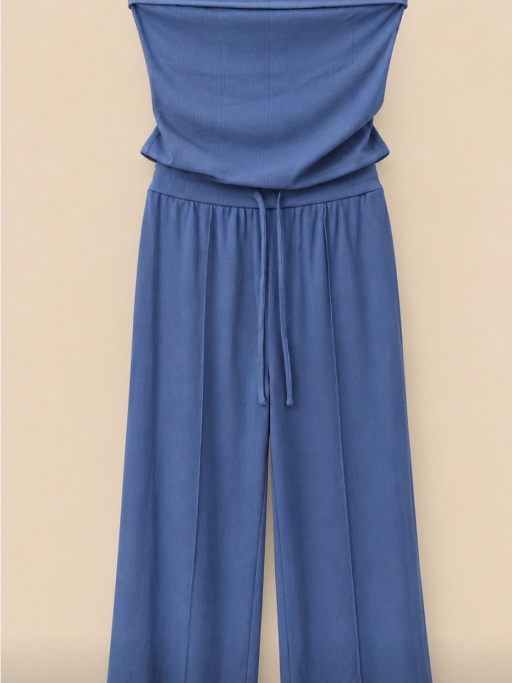 Wide-Leg Drawstring Jumpsuit Pants and Tube Top in Dusty Blue